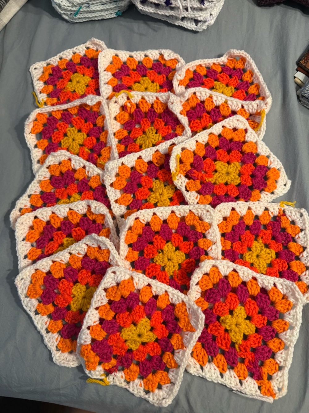15 Handmade Crochet Granny Squares in White, Orange, Pink & Yellow
